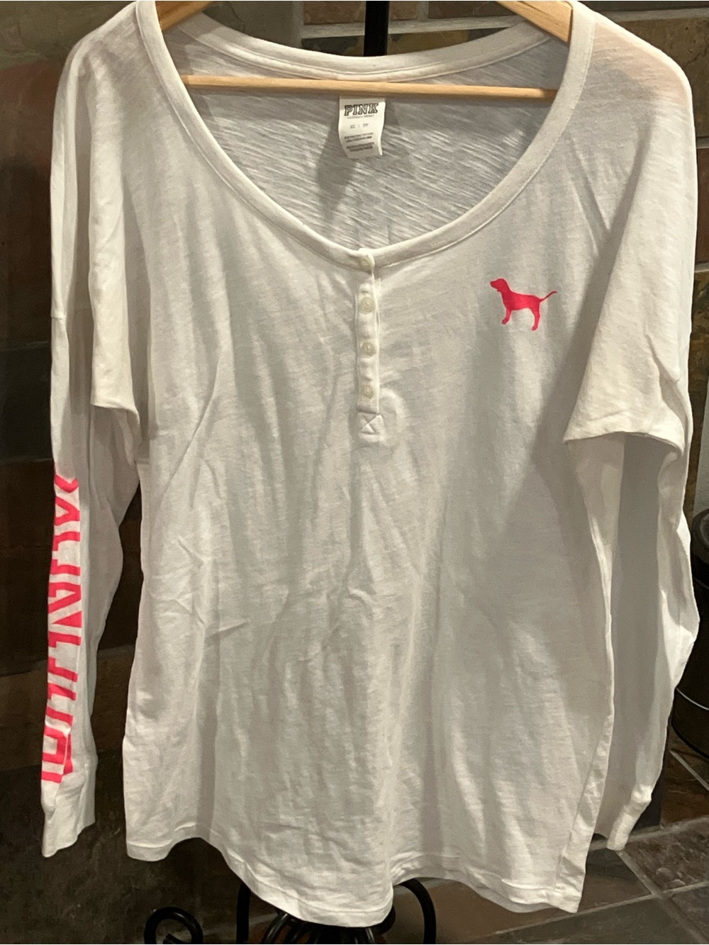PINK Victoria's Secret White Long-Sleeve Henley with Pink Dog Logo